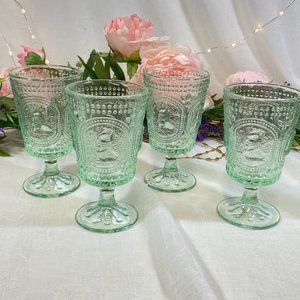 Easter Bunny Hobnail Victorian Footed Water/Wine Goblets Glasses Green Set 4